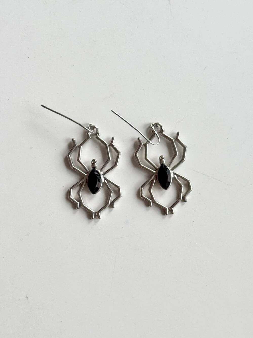 Silver Tone Black Faux Onyx Spider Drop Earrings